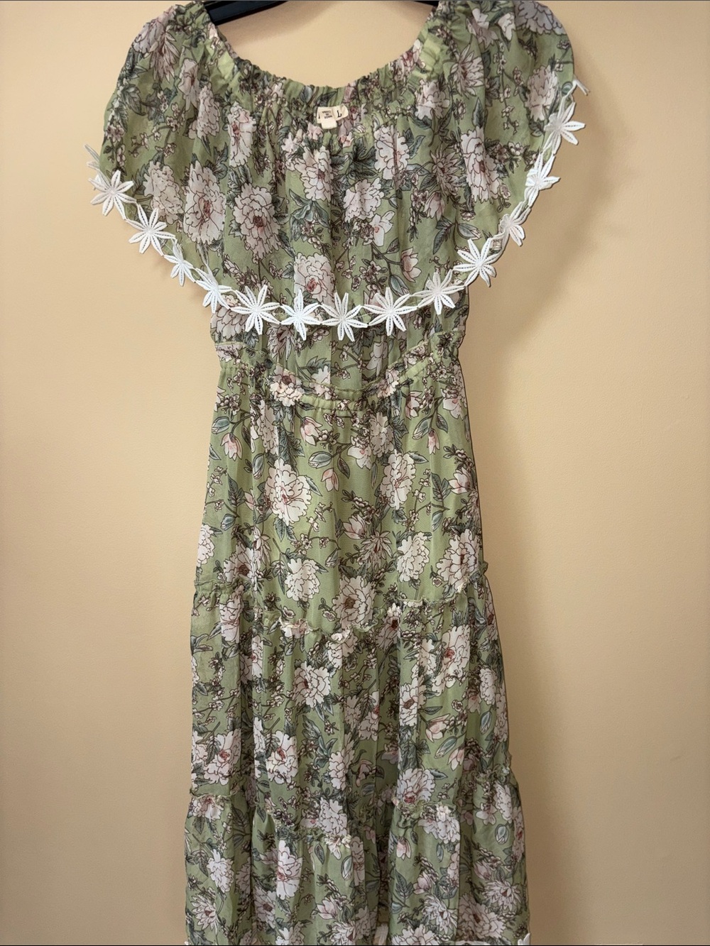 POL Olive Green Floral Off-Shoulder Dress with Daisy Trim